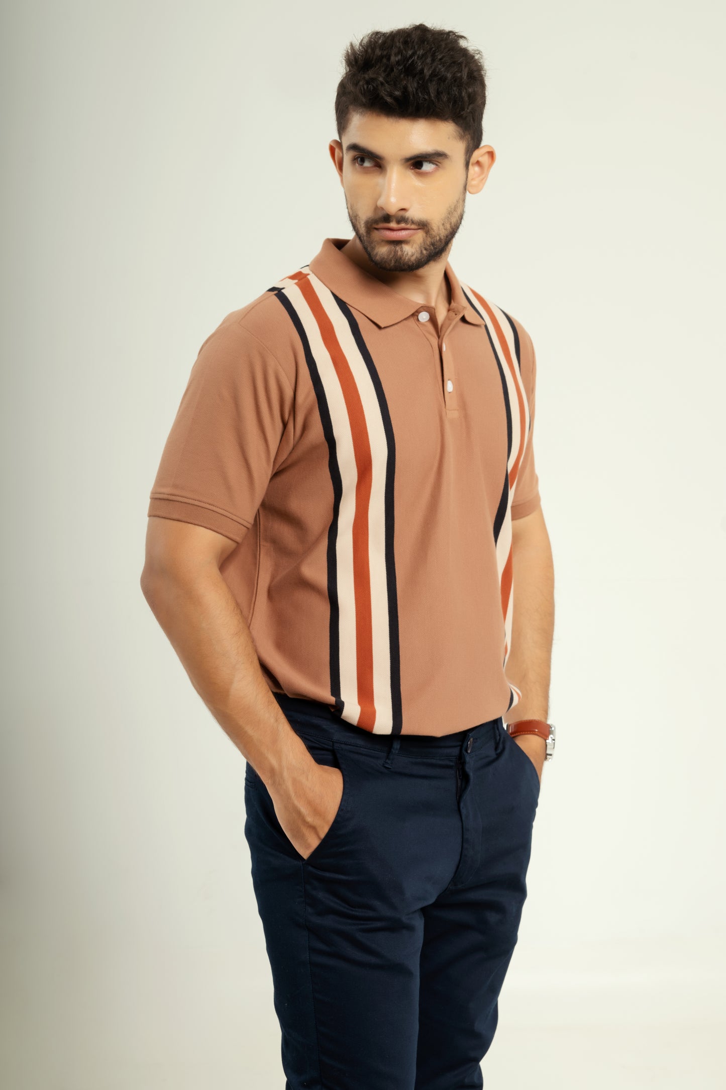 Striped jacquard polo t shirt in beige