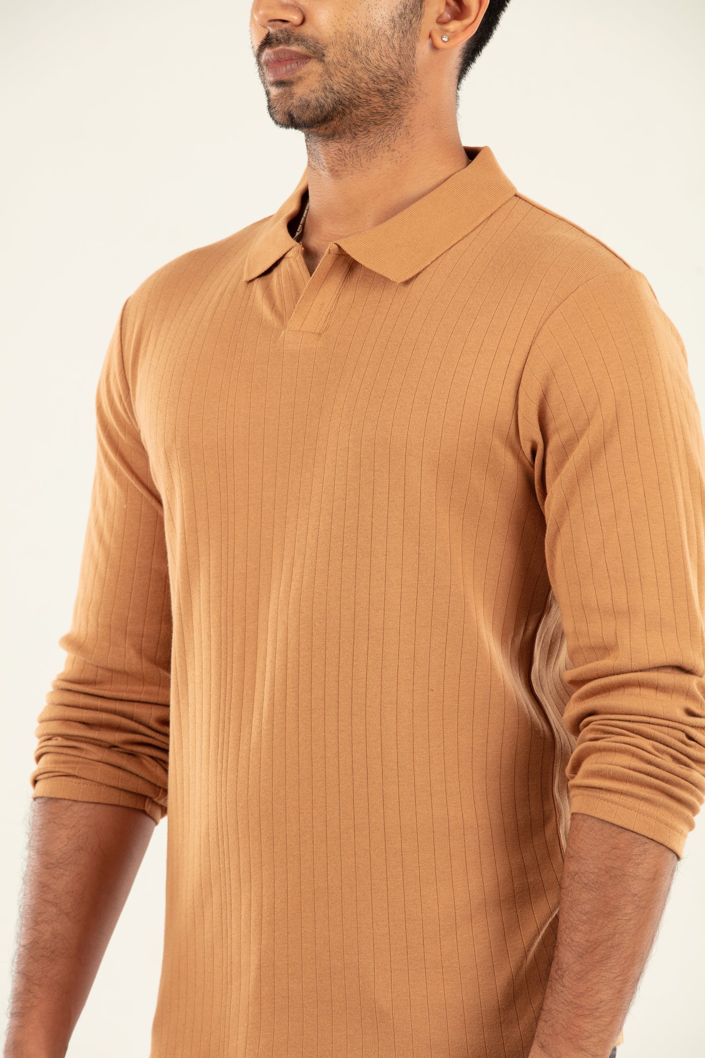 Ribbed textured Polo Tshirt - Tan brown
