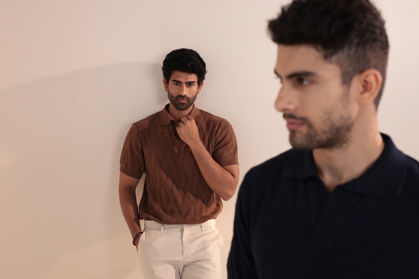 Check textured polo in navy