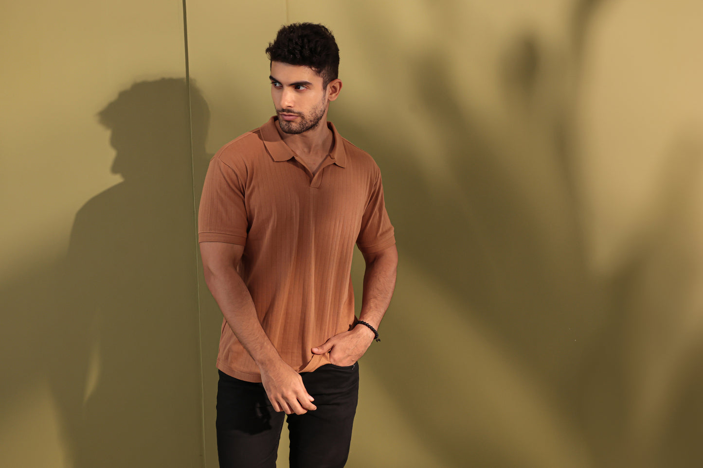 Ribbed textured Polo Tshirt - Tan brown  - Half sleeve