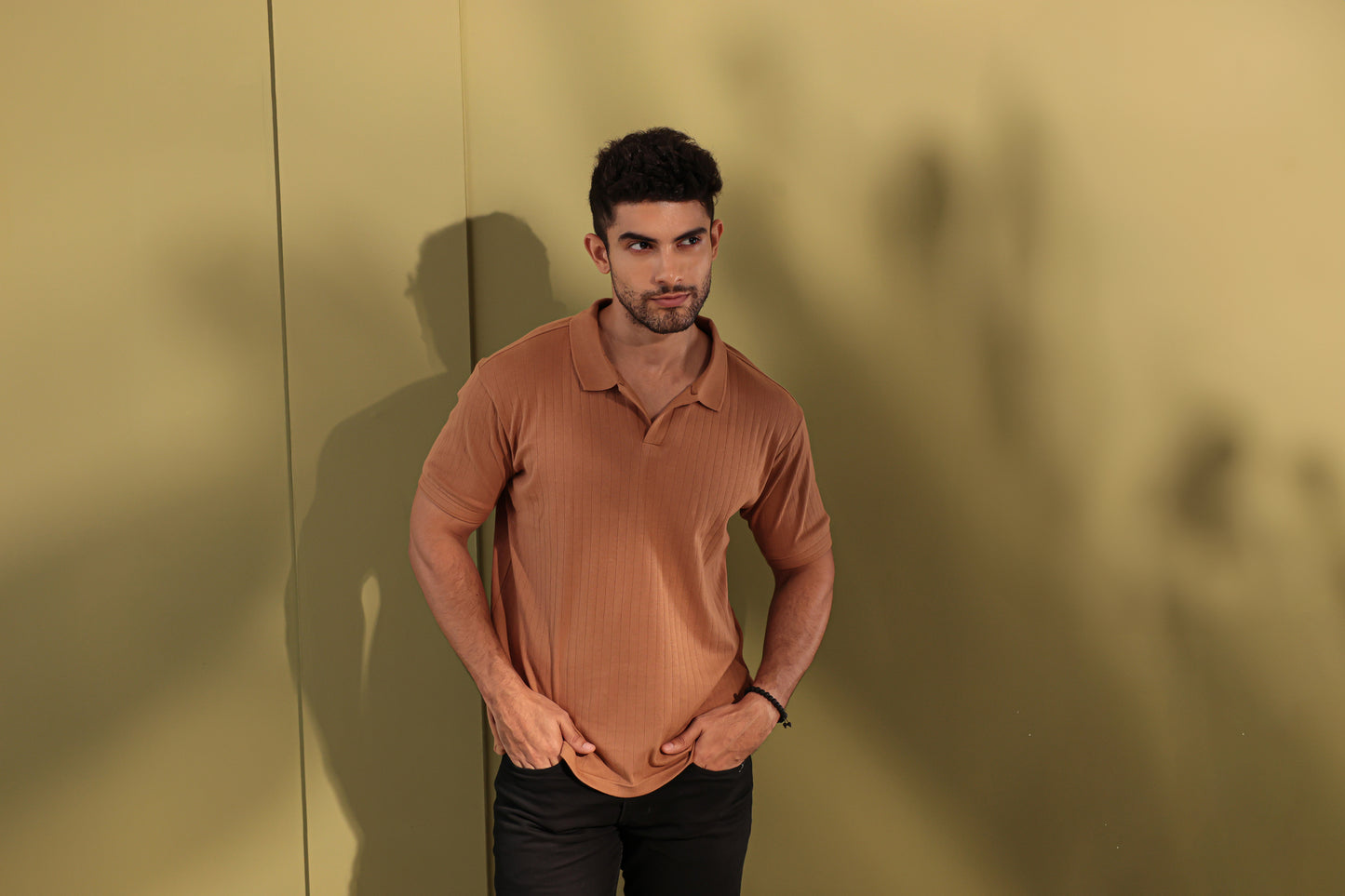Ribbed textured Polo Tshirt - Tan brown  - Half sleeve