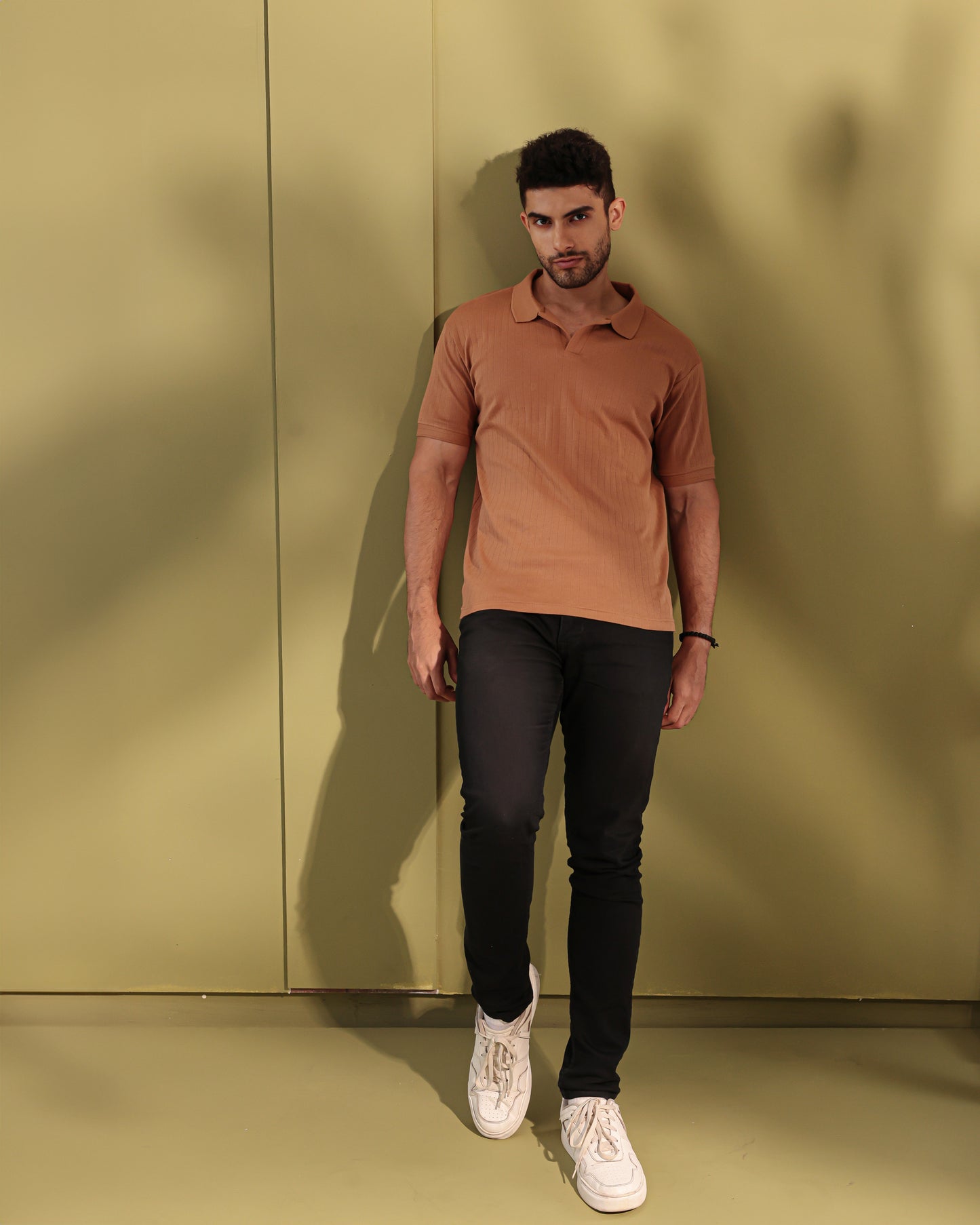 Ribbed textured Polo Tshirt - Tan brown  - Half sleeve