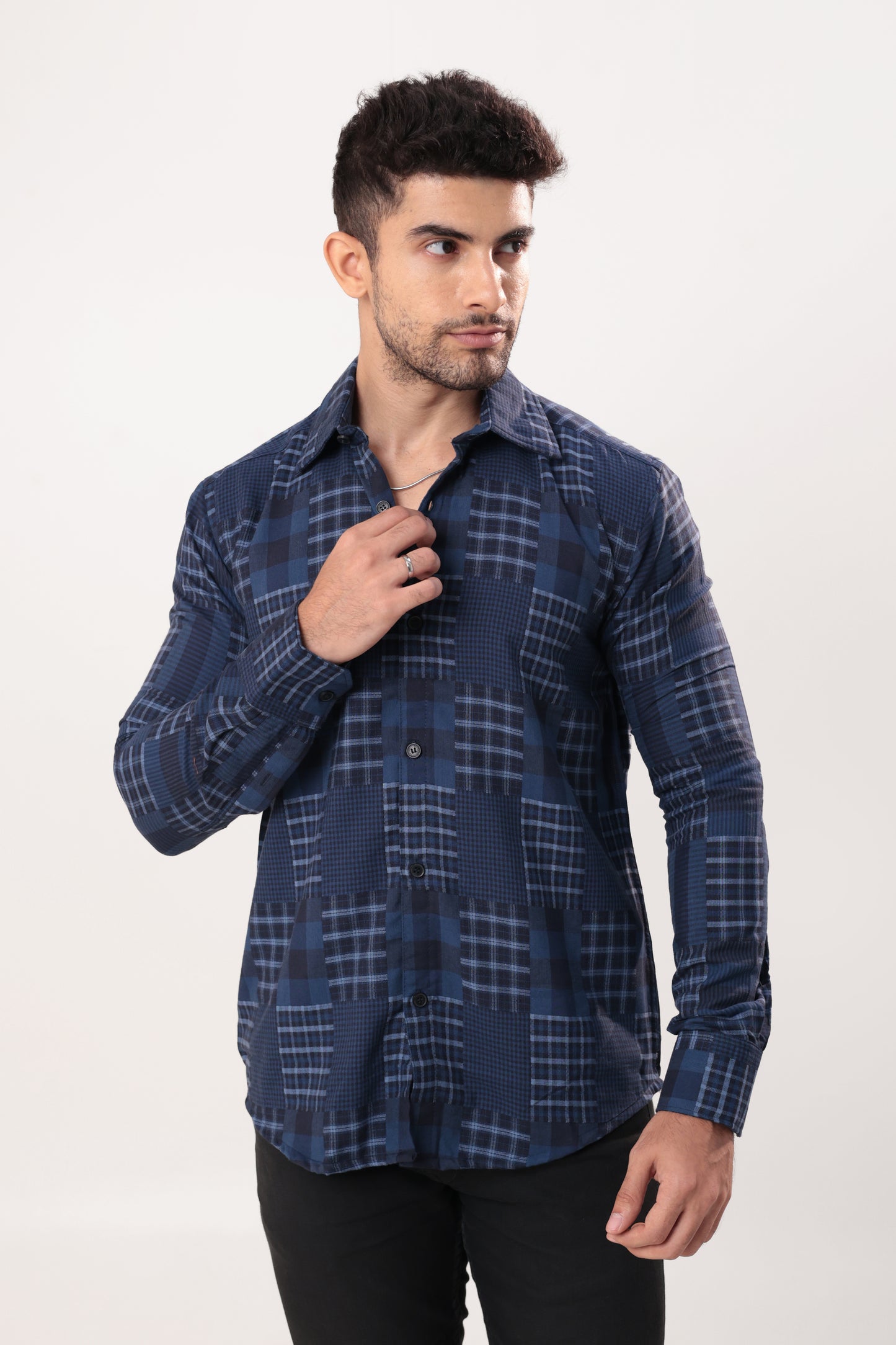 Navy Check patchwork shirt - Dobby