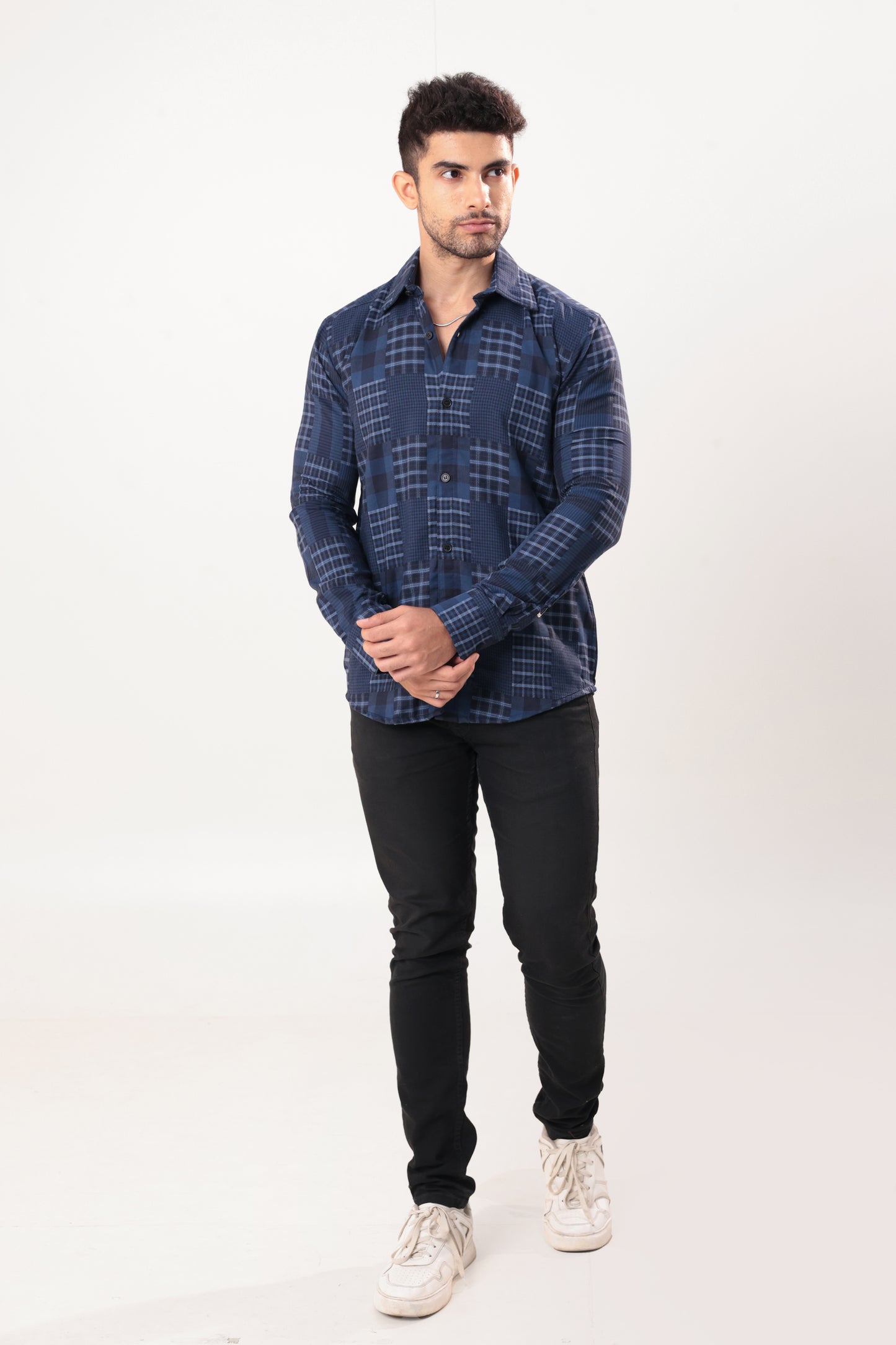 Navy Check patchwork shirt - Dobby