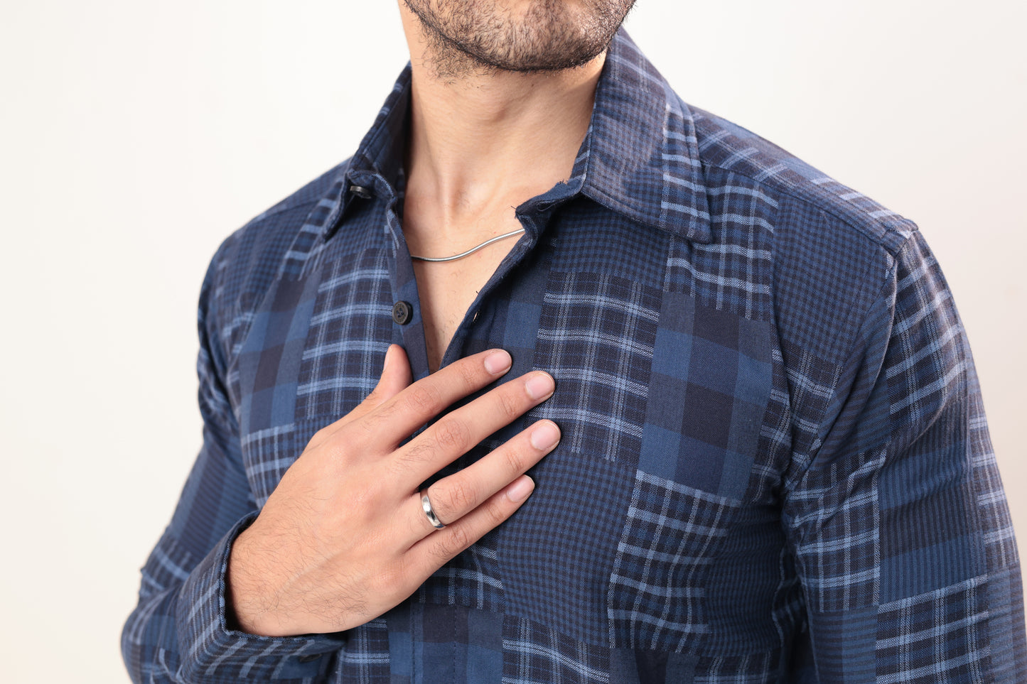 Navy Check patchwork shirt - Dobby