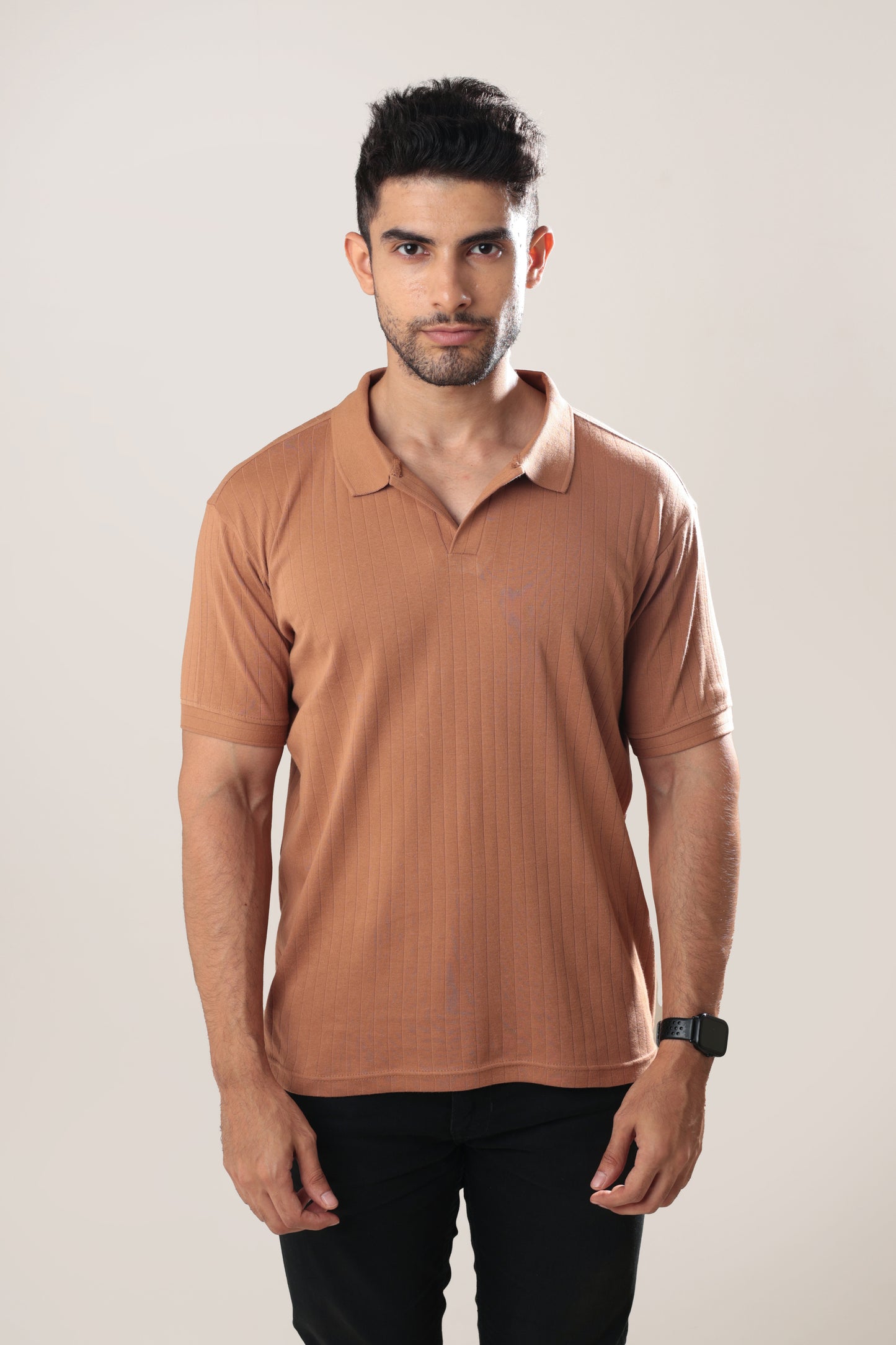 Ribbed textured Polo Tshirt - Tan brown  - Half sleeve