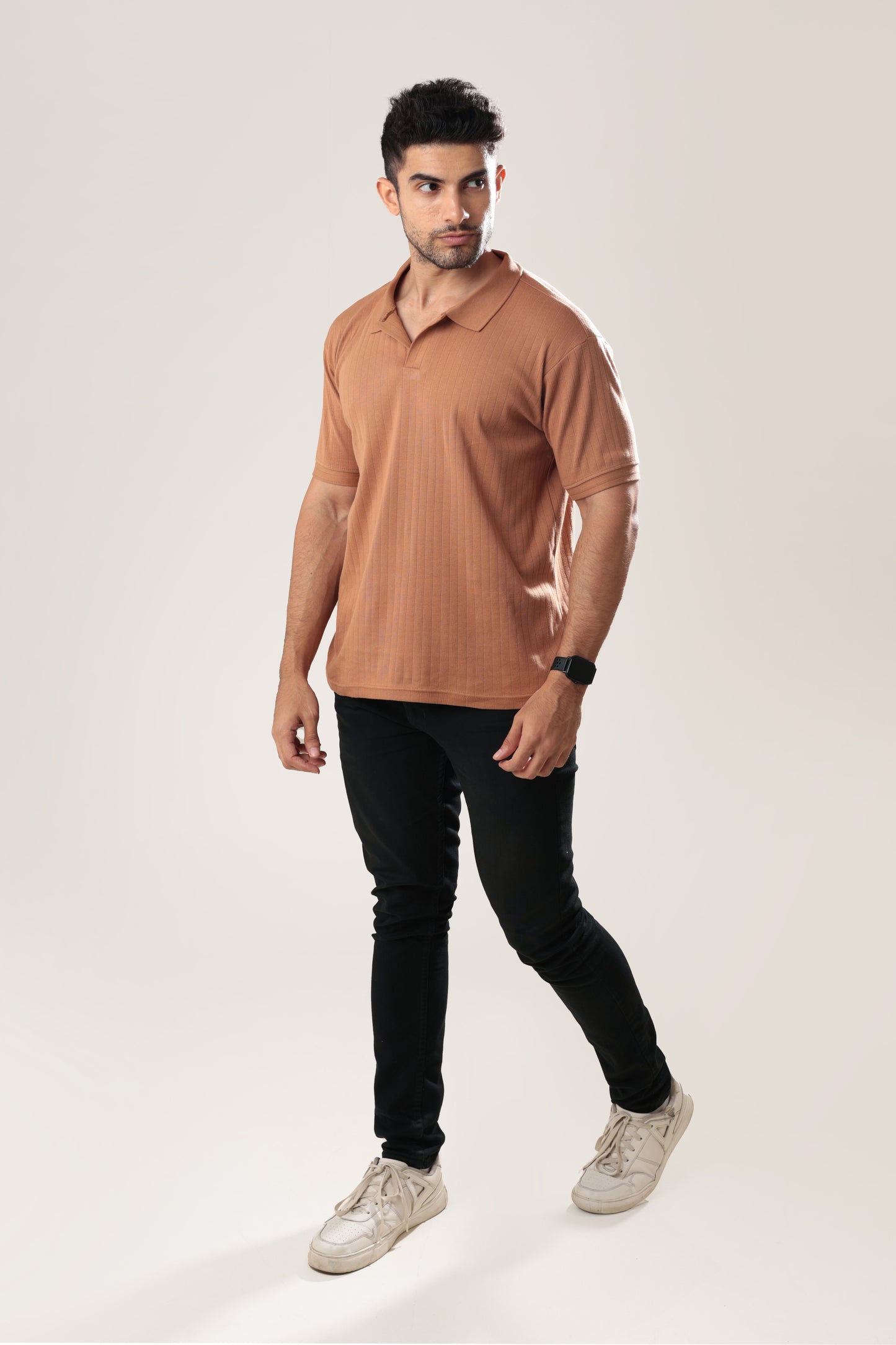 Ribbed textured Polo Tshirt - Tan brown  - Half sleeve