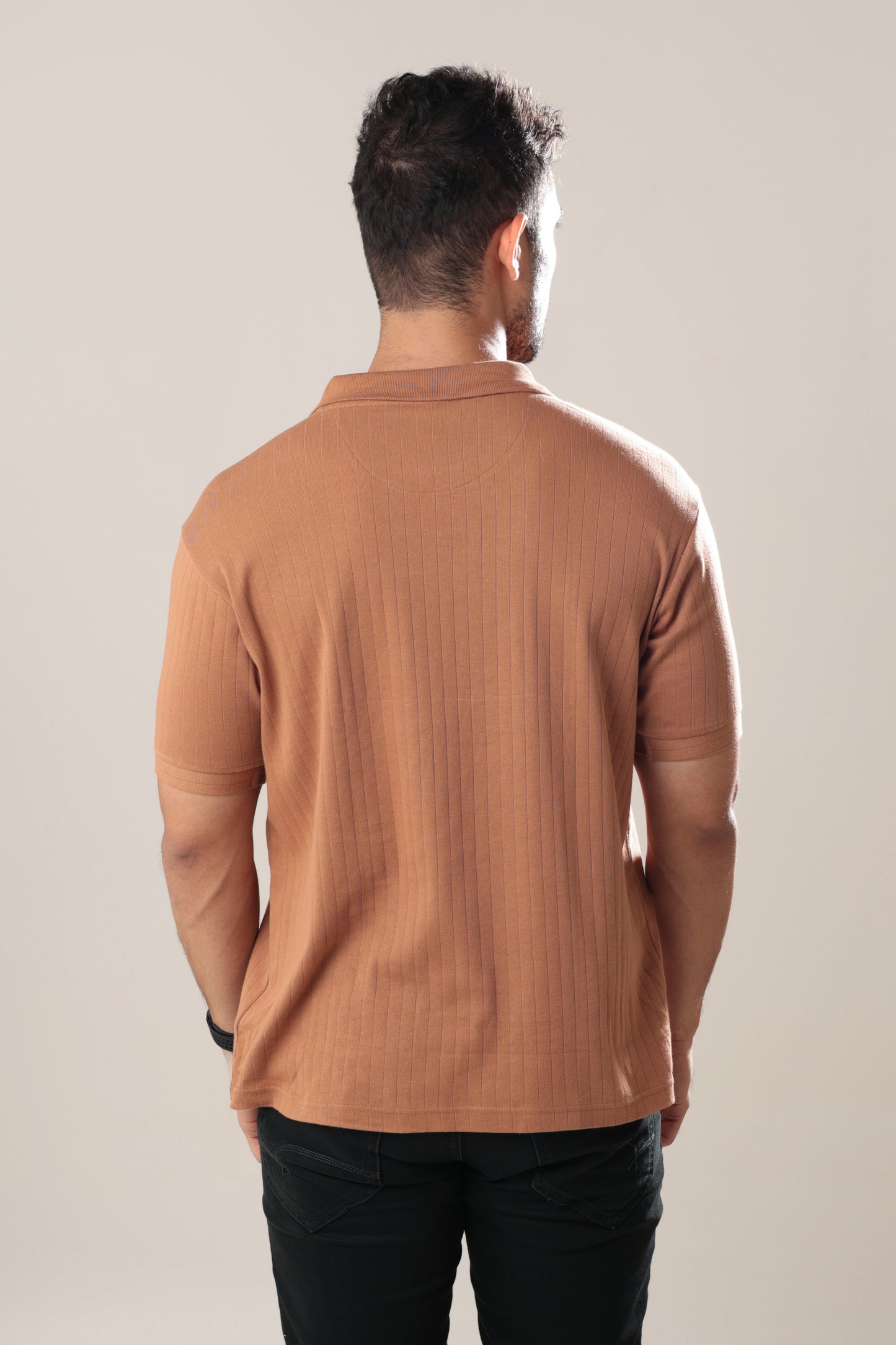 Ribbed textured Polo Tshirt - Tan brown  - Half sleeve