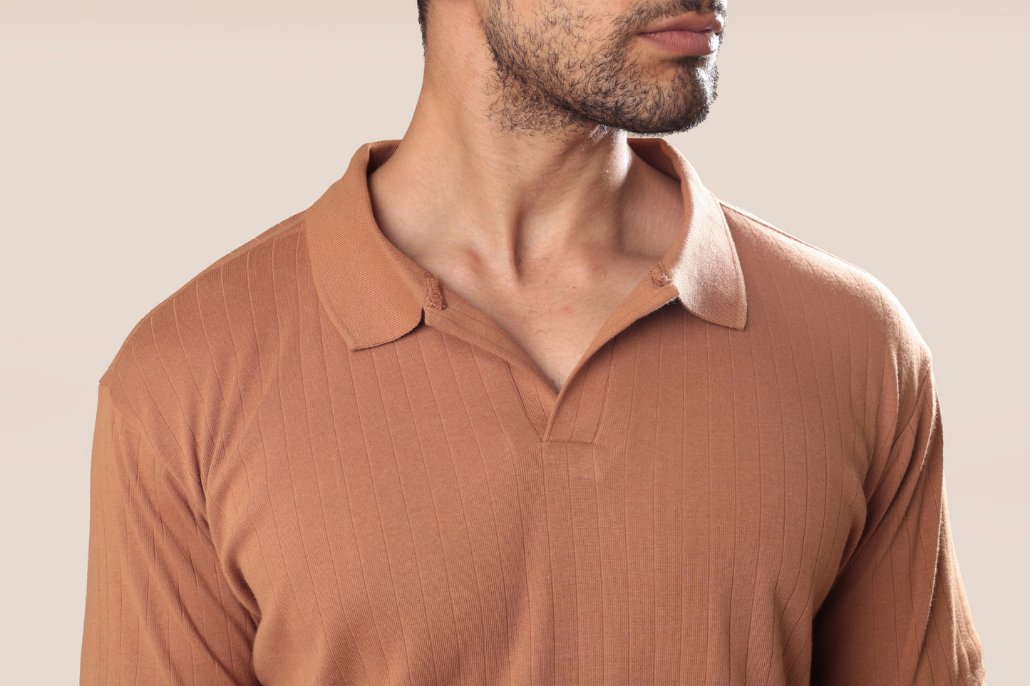 Ribbed textured Polo Tshirt - Tan brown  - Half sleeve