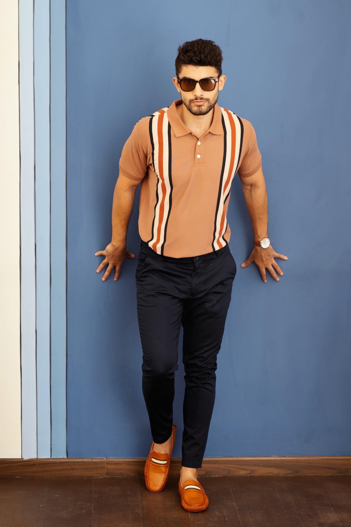 Striped jacquard polo t shirt in beige