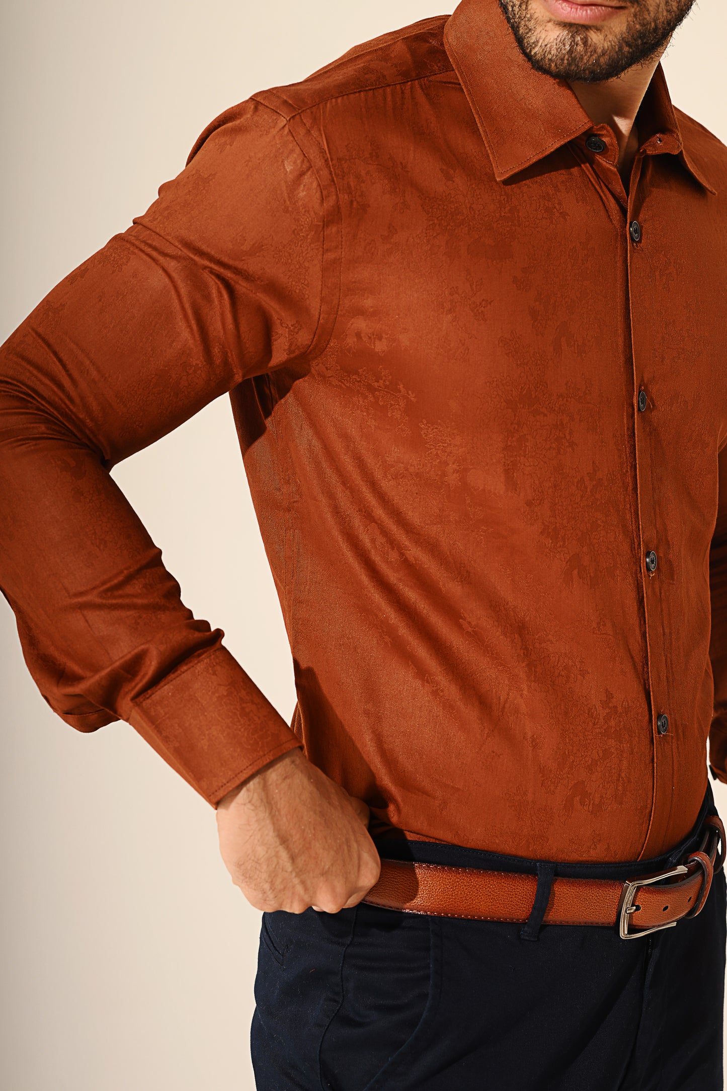 Brown jacquard satin shirt