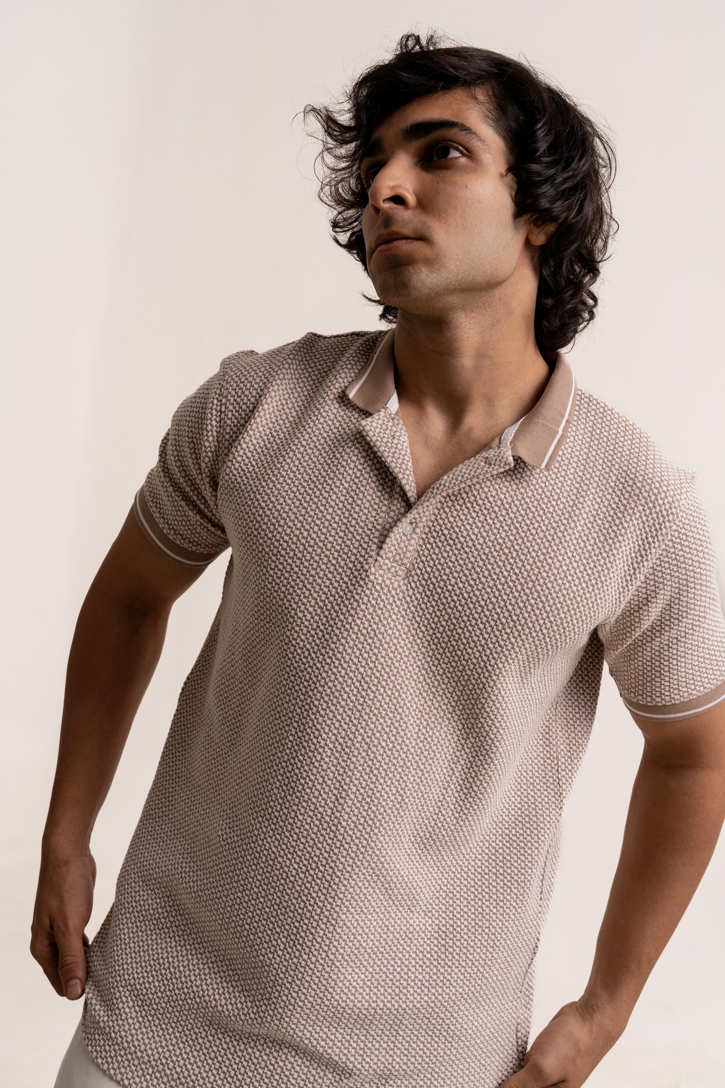 Micro two tone checkered board pattern polo neck half sleeve tshirt