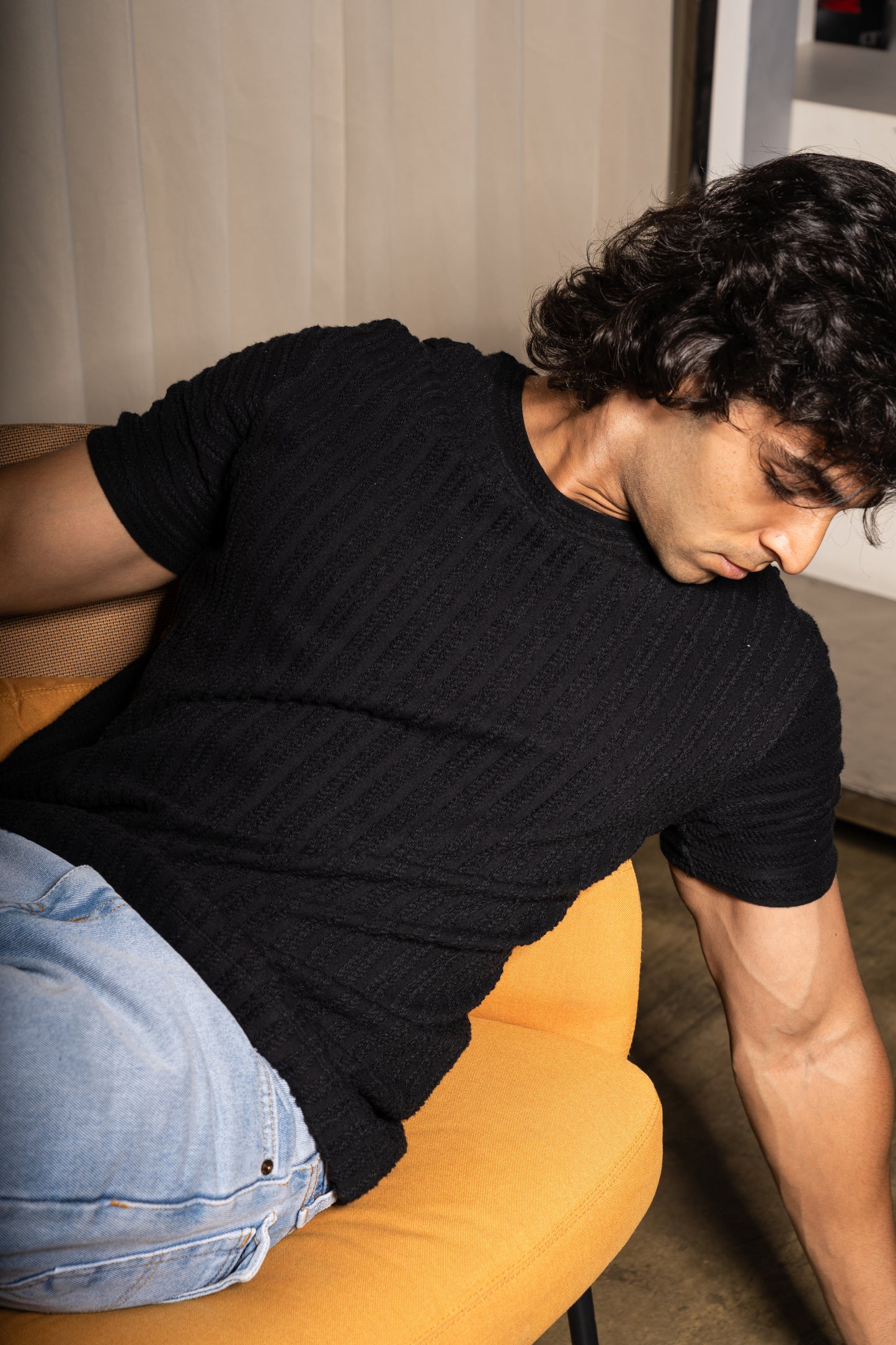 Rib knit crew neck half sleeve tshirt in Black
