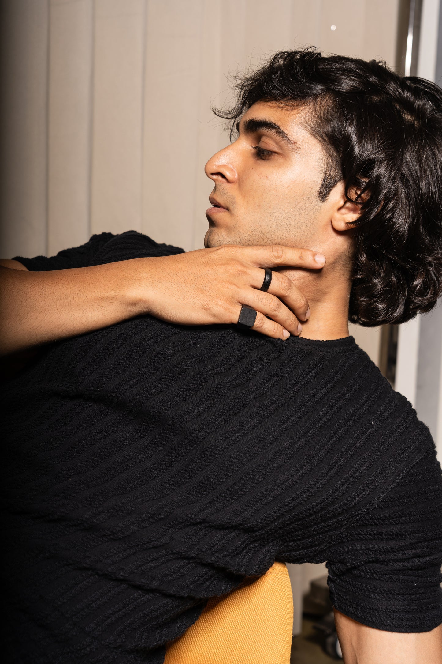 Rib knit crew neck half sleeve tshirt in Black
