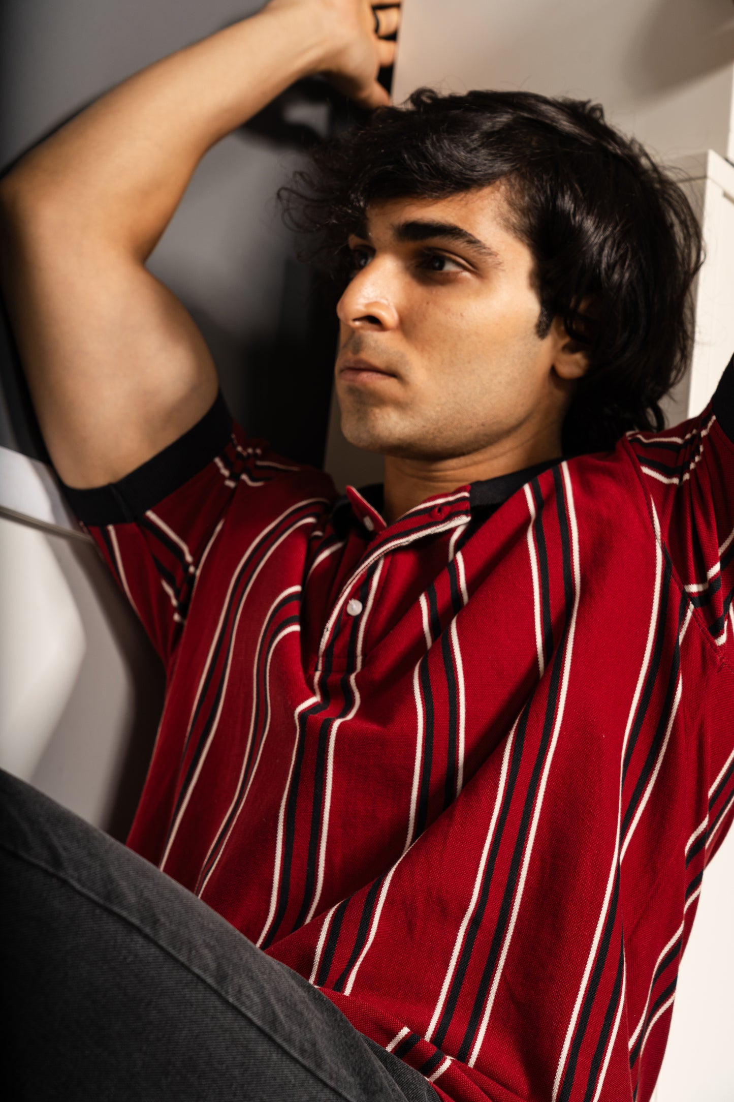 Regency stripe knit polo neck tshirt in red