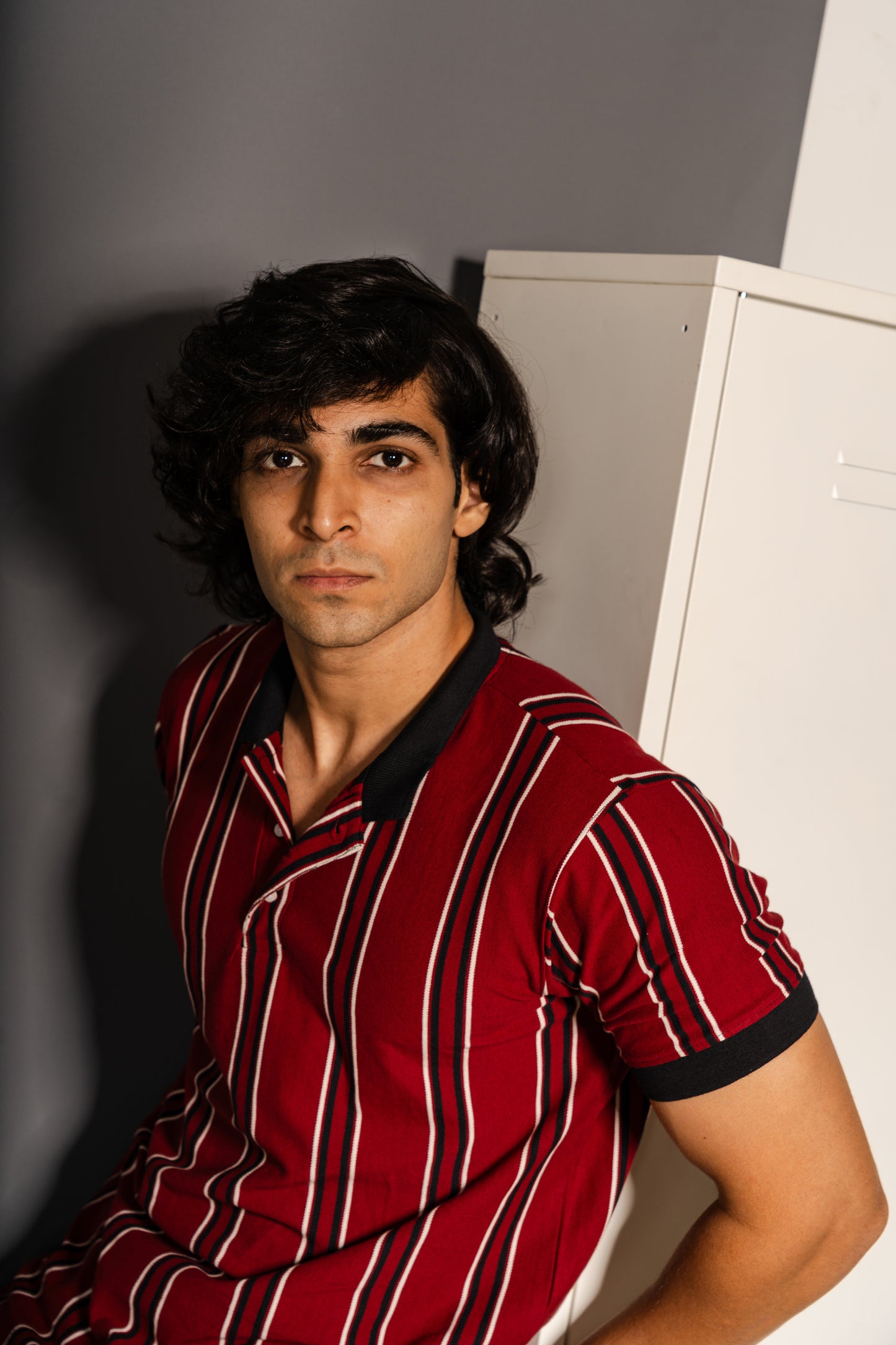 Regency stripe knit polo neck tshirt in red