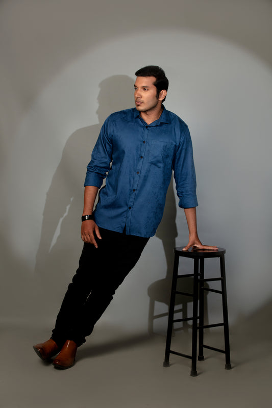 Blue floral jacquard shirt- satin shirt
